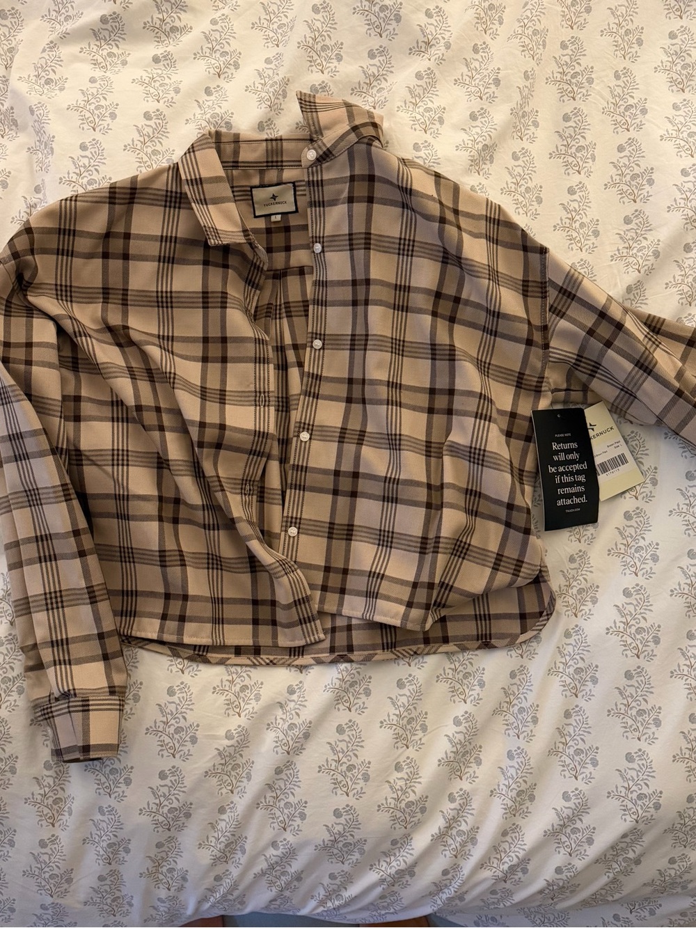 Tuckernuck crop Beige and Brown Plaid Button-Down Shirt new with tags